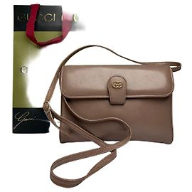 Borsa a tracolla con patta Gucci Vintage Fine anni '80 Taupe Gold