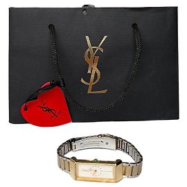 Reloj brazalete rectangular vintage Yves Saint Laurent finales de los 1980 Gold Silver