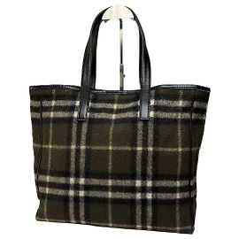 Bolso Tote Vintage Burberry de lana a cuadros Verde Oscuro Negro Crema