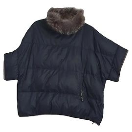 Brunello Cucinelli Black Nylon Down Poncho with Fur Collar