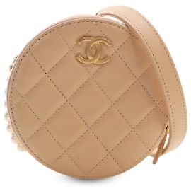 Chanel Beige Quilted Lambskin About Pearls Round Clutch with Chain