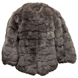 Grey Yves Salomon Collarless Rabbit Fur Coat Size FR 34