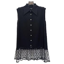 Chanel Ärmelloses Spitzenkleid mit Perlen Schwarz
