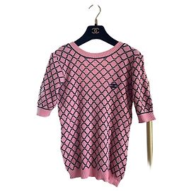 Chanel 20P Cotton Top Pink White Diamond Check Short Sleeve