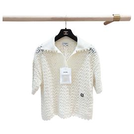 Chanel Stricktop aus weißer Baumwolle Crochet Cutout Größe 34