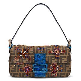 Fendi Zucca Baguette Tasche Blau Echsenleder Bestickt