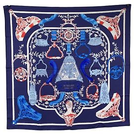 Hermès Foulard di seta Hermes Vintage blu navy e rosso Etriers 1964 de la Perrière