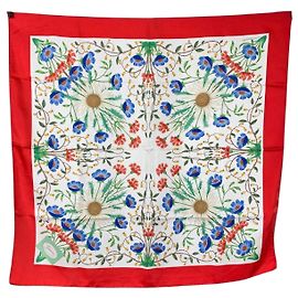 Gucci Accornero Vintage Mehrfarbiger Seidenschal mit Gänseblümchen und Kornblumen Rot