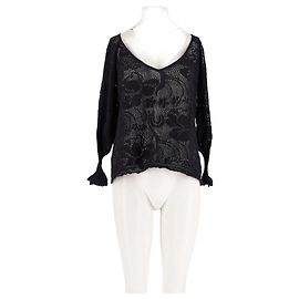 Maglione Eric Bompard in cotone nero scollo V pizzo floreale