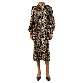 Ganni Abito button-down in denim marrone con stampa leopardata - size UK 8