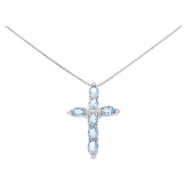Autre Marque Collana Au750 Croce Acquamarina e Diamanti