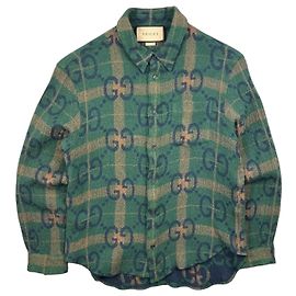 Camicia Gucci Jumbo GG da uomo in lana con logo monogramma verde Taglia S