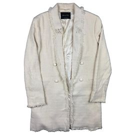Massimo Dutti 6047 Casaco de Tweed Creme com abotoamento duplo e franjas para Mulher Tamanho 42 / M-L