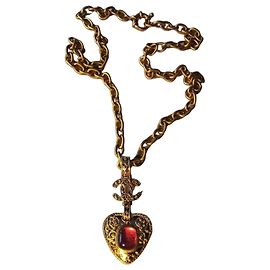 Collier Rare Vintage Chanel Printemps 1995 avec Pendentif Cœur en Verre Gripoix et Logo CC