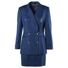 Autre Marque Traje de falda vintage Claude Montana azul marino con botonadura doble