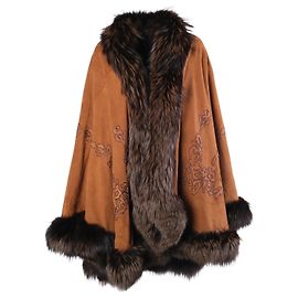 Autre Marque Capa Adrienne Landau Vintage de gamuza bordada marrón y piel de zorro