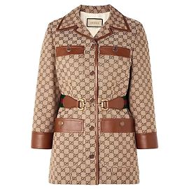 GUCCI - Chaqueta larga Horsebit Gucci en cuero y lona monogramada (T38)