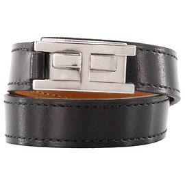 HERMÈS - Bracelet Drag double tour Hermès en cuir lisse noir (T2)