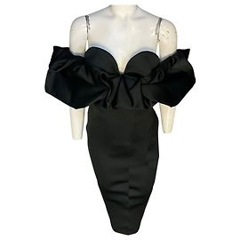 Vestido midi de satén duquesa negro con hombros descubiertos Elisabetta Franchi