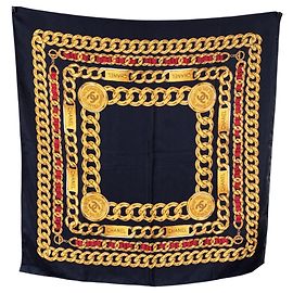 Chanel Foulard in seta vintage nero e oro con stampa 31 Rue Cambon