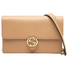 Portafoglio con catena Gucci in pelle di vitello Dollar marrone con G intrecciate