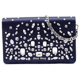 Miu Miu Blue Crystal Embellished Satin Flap Crossbody