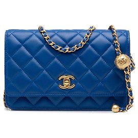Chanel Blue CC Quilted Lambskin Pearl Crush Wallet On Chain