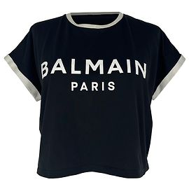 Camiseta Ringer Cropped con logotipo Balmain en algodón negro