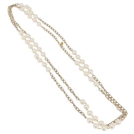 Chanel Vintage Double Pearl Station Long Chain Metal and Faux Pearls