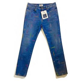 Chanel 22P Logo Printed Denim Jeans Blue & Multicolor FR 40