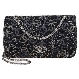 Chanel Medium Classic Double Flap Bag aus schwarzem Tweed mit Kristallen Paris-Shanghai