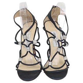 Jimmy Choo Navy Blue Shimmering Leather Tetrus Crystal Embellished Strappy Sandals