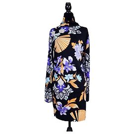 Autre Marque Leonard Paris Mini-Kleid aus Wolle Schwarz mit Blumen- und Fächermuster