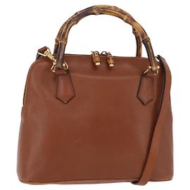 GUCCI Bamboo Hand Bag Leather 2way Brown Gold 000 1274 0290