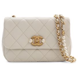 Chanel White Mini Quilted Glazed Calfskin Pearl Side Flap