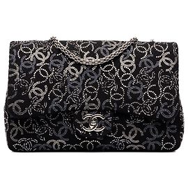 Chanel Black Paris Shanghai Jumbo Tweed Strass Embellished Pudong Double Flap