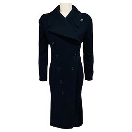 Chloé Chloe Abyss Blue Double Breasted Wool and Cashmere Coat with Wool Knit Sleeves