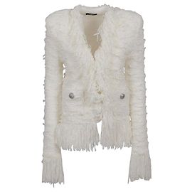 Balmain Jacke aus weißem Tweed mit Fransen und Löwenknöpfen