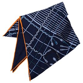Sciarpa Hermès Unplugged con frange in cashmere e seta blu 90 Scarves