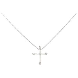 Autre Marque Collana Croce in Oro Bianco K10 e Diamanti