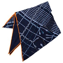 Sciarpa in cashmere e seta Hermès Blue Unplugged con frange 90