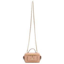 Sac Vanity East West Chanel Quilted Polly Pocket Top en cuir caviar beige