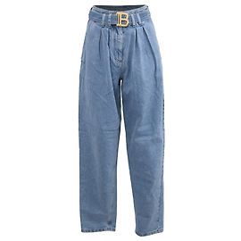 Vaqueros Boyfriend con Cinturón Balmain en Algodón Azul