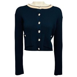 Autre Marque Sablyn Helena Cropped Cardigan Midnight Navy Blue mit kontrastierendem Ausschnitt