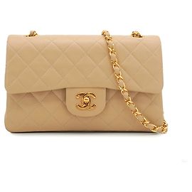 Chanel Borsa a tracolla Vintage Classic Double Flap Small in pelle d'agnello matelassé Beige