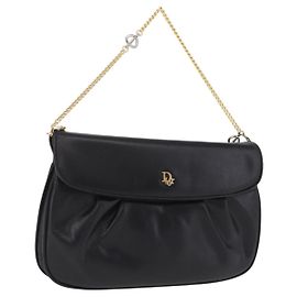 Christian Dior Chain Shoulder Bag Leather Black Gold Tone