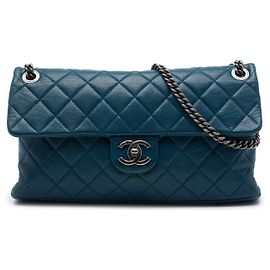 Chanel Blue Large Quilted Shiny Goatskin Burgundy Rocks Flap