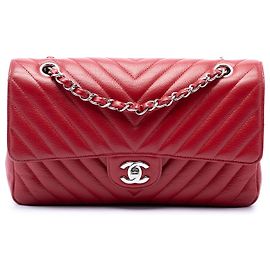 Chanel Red Medium Classic Chevron Caviar Double Flap