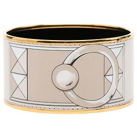 Brazalete Collier de Chien Hermès White Extra Wide chapado en oro y esmalte