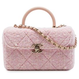 Chanel Vanity Case aus rosa gestepptem Tweed mit CC-Logo und Tragegriff